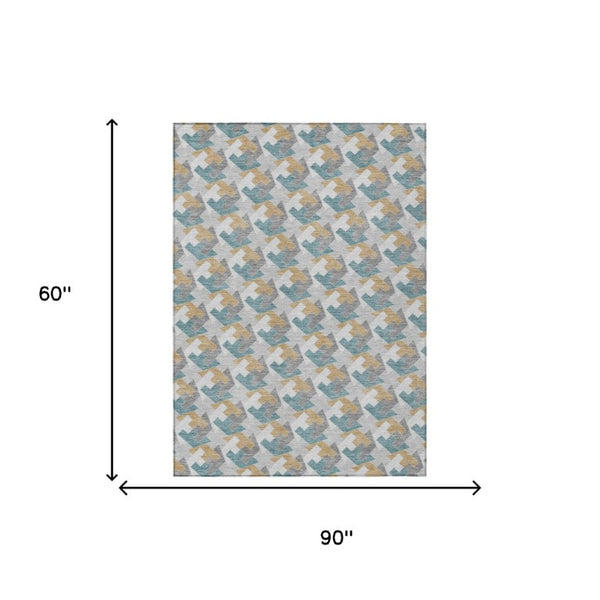 5x8 Silver Gray Geometric Polyester Area Rug Washable for Indoor Outdoor Spaces