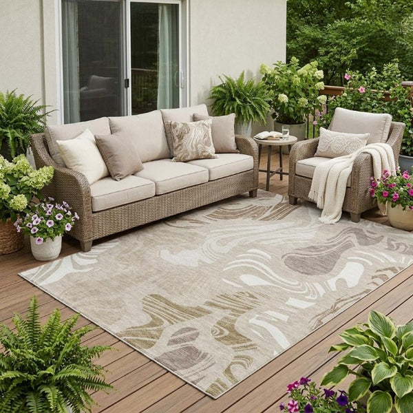 5 X 8 Abstract Beige Brown Polyester Area Rug Washable for Patio or Living Room