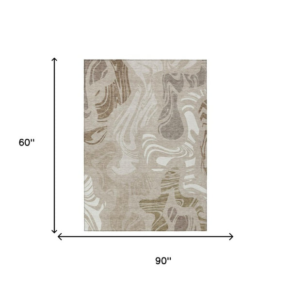 5 X 8 Abstract Beige Brown Polyester Area Rug Washable for Patio or Living Room
