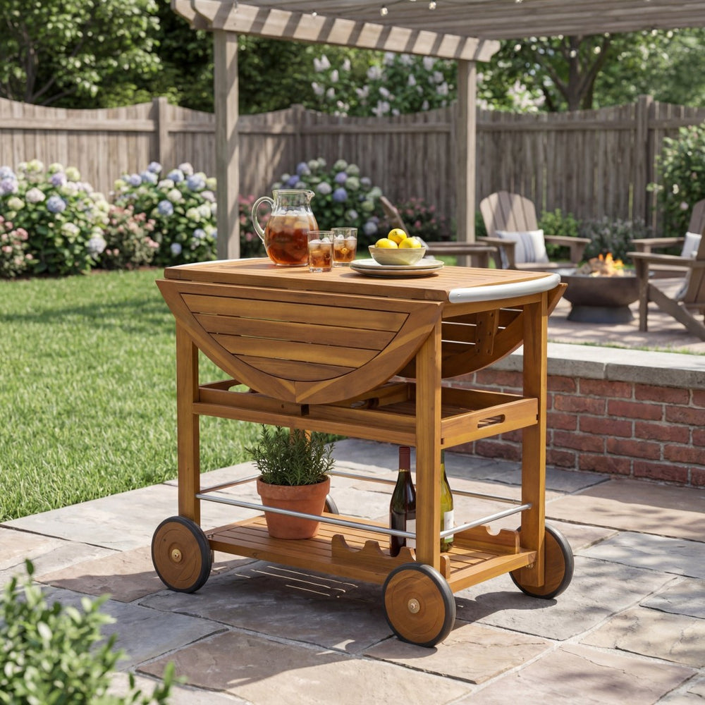 English Elm Outdoor Acacia Wood Rolling Bar Cart with Foldable Top and Removable Serving Trays N779P374686T
