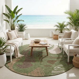 8 Foot Olive Green Abstract Polyester Round Rug Washable for Indoor Outdoor Use