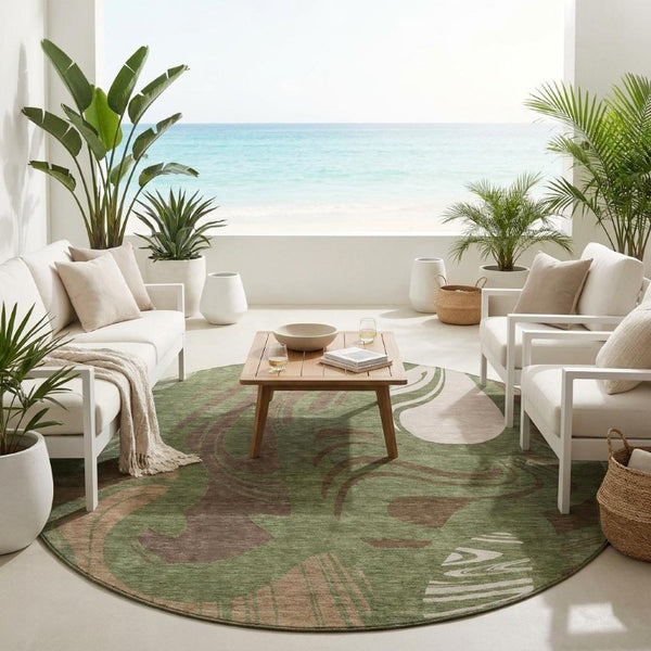 8 Foot Olive Green Abstract Polyester Round Rug Washable for Indoor Outdoor Use
