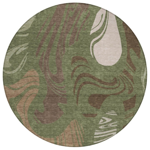 HomeRoots 8 Foot Olive Green Abstract Polyester Round Rug Washable for Indoor Outdoor Use 744593