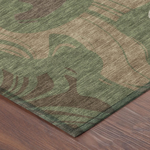 8 Foot Olive Green Abstract Polyester Round Rug Washable for Indoor Outdoor Use