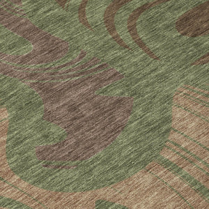 8 Foot Olive Green Abstract Polyester Round Rug Washable for Indoor Outdoor Use
