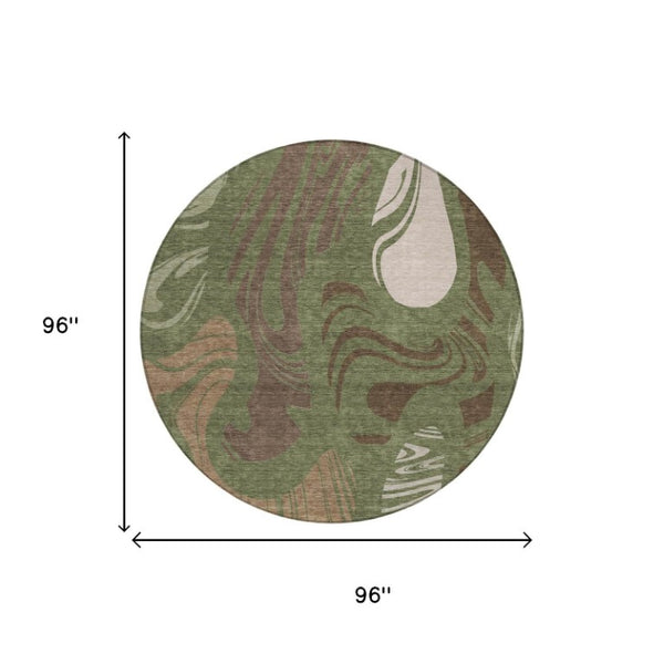 8 Foot Olive Green Abstract Polyester Round Rug Washable for Indoor Outdoor Use
