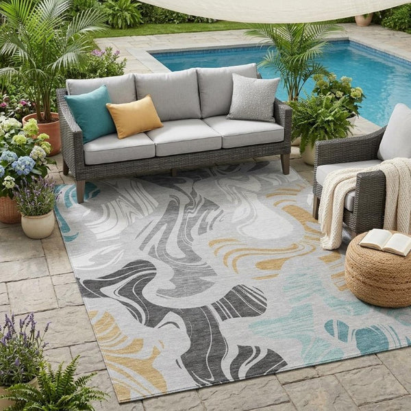 5x8 Silver Gray Abstract Polyester Area Rug Stain Resistant Indoor Outdoor Use