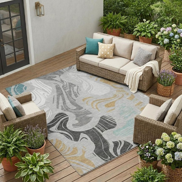 8 X 10 Silver Gray Abstract Polyester Area Rug Washable for Patio or Living Room