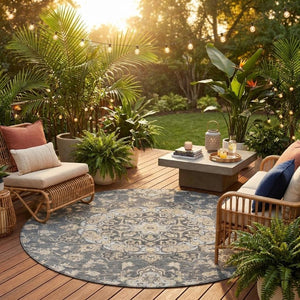 8 Foot Round Oriental Polyester Area Rug Washable Indoor Outdoor Gray Graphite