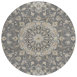 HomeRoots 8 Foot Round Oriental Polyester Area Rug Washable Indoor Outdoor Gray Graphite 744617