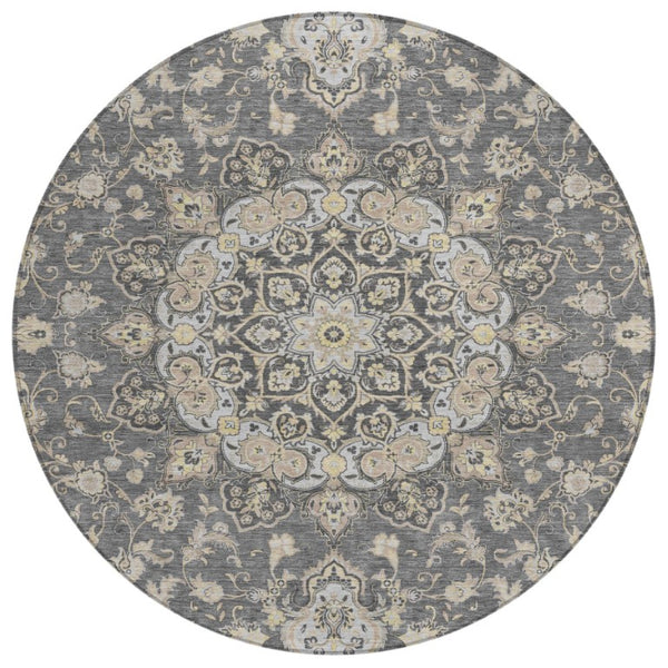 HomeRoots 8 Foot Round Oriental Polyester Area Rug Washable Indoor Outdoor Gray Graphite 744617