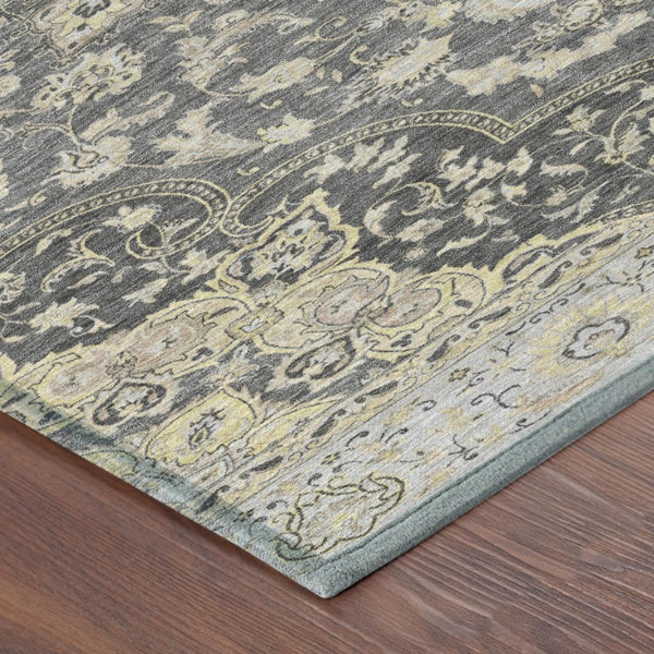 8 Foot Round Oriental Polyester Area Rug Washable Indoor Outdoor Gray Graphite