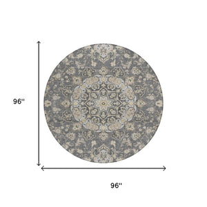 8 Foot Round Oriental Polyester Area Rug Washable Indoor Outdoor Gray Graphite