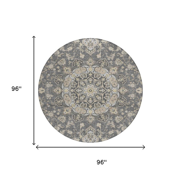 8 Foot Round Oriental Polyester Area Rug Washable Indoor Outdoor Gray Graphite
