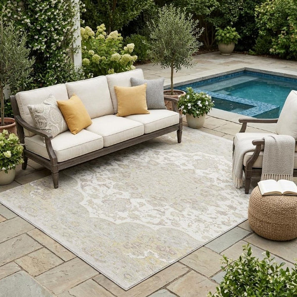 5x8 Ivory Silver Oriental Polyester Area Rug Washable for Indoor Outdoor Use