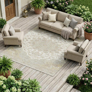 8 X 10 Ivory Silver Oriental Polyester Area Rug for Indoor Outdoor Living