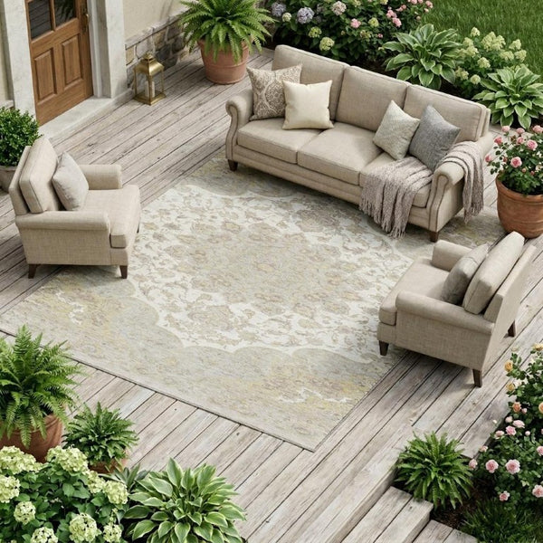 8 X 10 Ivory Silver Oriental Polyester Area Rug for Indoor Outdoor Living