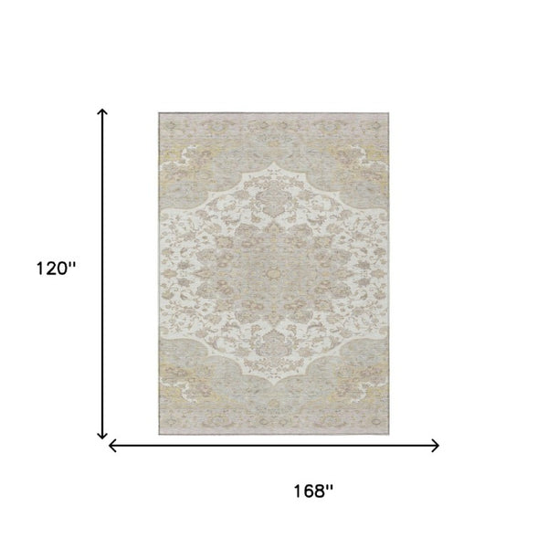 10 X 14 Ivory Silver Oriental Polyester Area Rug Washable Stain Resistant Indoor