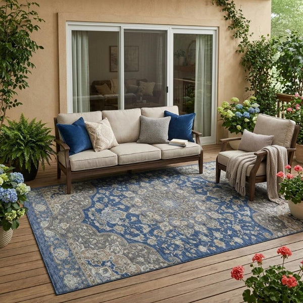 5 X 8 Navy Oriental Polyester Area Rug Washable Stain Resistant Indoor Outdoor