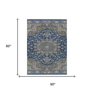 5 X 8 Navy Oriental Polyester Area Rug Washable Stain Resistant Indoor Outdoor