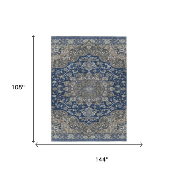 9x12 Navy Oriental Polyester Area Rug Stain Resistant for Patio Porch or Living Room