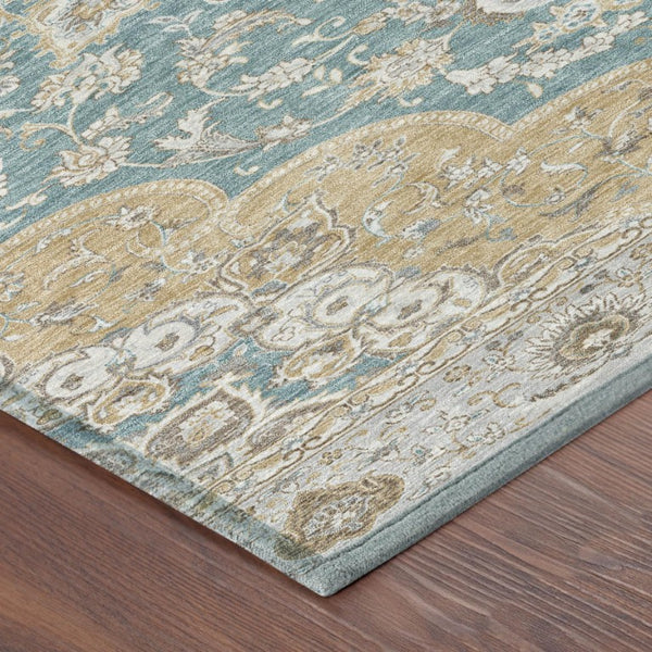 8 Ft Round Oriental Polyester Area Rug Teal Silver Washable Indoor Outdoor Use