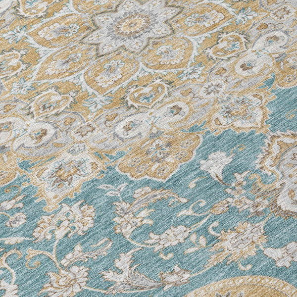 8 Ft Round Oriental Polyester Area Rug Teal Silver Washable Indoor Outdoor Use