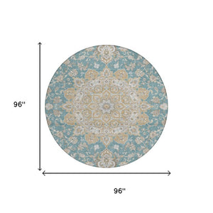 8 Ft Round Oriental Polyester Area Rug Teal Silver Washable Indoor Outdoor Use