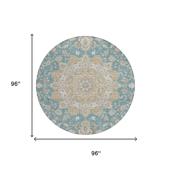 8 Ft Round Oriental Polyester Area Rug Teal Silver Washable Indoor Outdoor Use