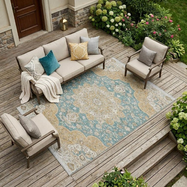 8x10 Teal Silver Oriental Polyester Area Rug Stain Resistant for Patio or Living Room