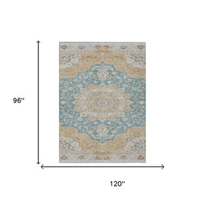 8x10 Teal Silver Oriental Polyester Area Rug Stain Resistant for Patio or Living Room