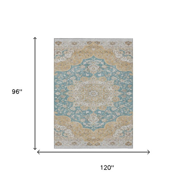 8x10 Teal Silver Oriental Polyester Area Rug Stain Resistant for Patio or Living Room