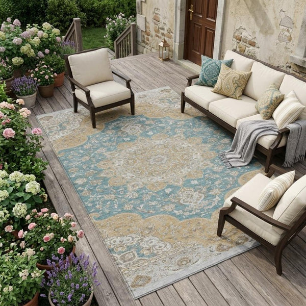 9 X 12 Teal Silver Oriental Polyester Area Rug Washable for Indoor Outdoor Use