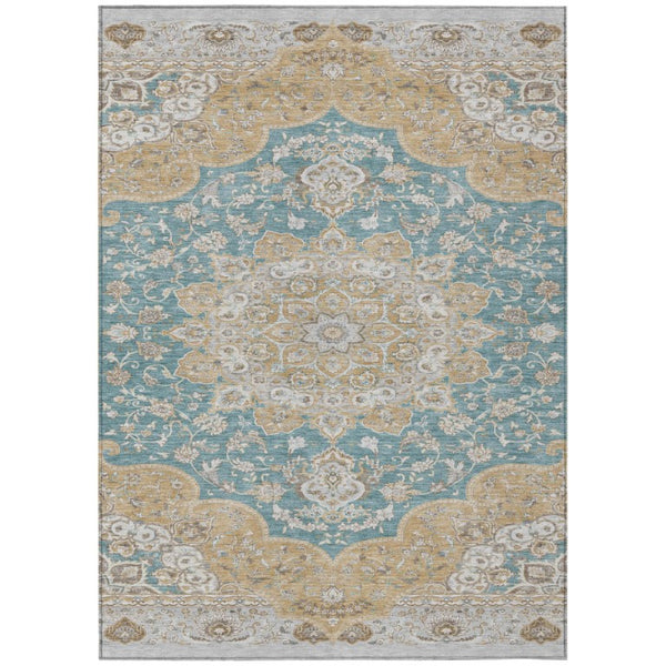 HomeRoots 9 X 12 Teal Silver Oriental Polyester Area Rug Washable for Indoor Outdoor Use 744655