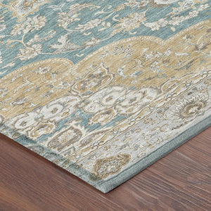 9 X 12 Teal Silver Oriental Polyester Area Rug Washable for Indoor Outdoor Use