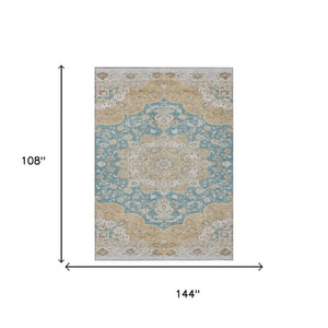9 X 12 Teal Silver Oriental Polyester Area Rug Washable for Indoor Outdoor Use