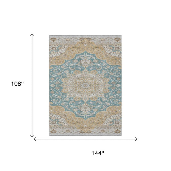 9 X 12 Teal Silver Oriental Polyester Area Rug Washable for Indoor Outdoor Use