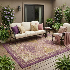 5 X 8 Purple Oriental Polyester Area Rug Washable for Indoor Outdoor Use