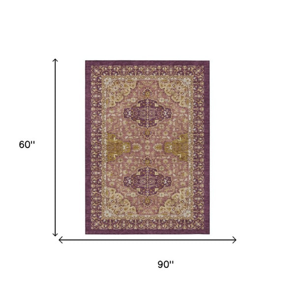 5 X 8 Purple Oriental Polyester Area Rug Washable for Indoor Outdoor Use