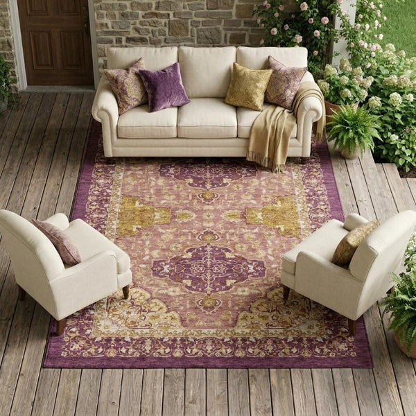 8 X 10 Purple Oriental Polyester Area Rug Washable for Indoor Outdoor Use