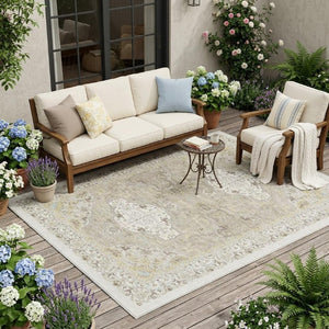 5x8 Ivory Beige Oriental Polyester Area Rug Stain Resistant for Indoor Outdoor Use