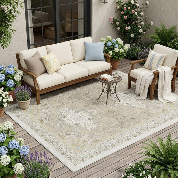 5x8 Ivory Beige Oriental Polyester Area Rug Stain Resistant for Indoor Outdoor Use