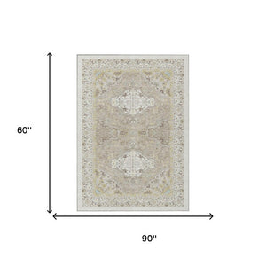 5x8 Ivory Beige Oriental Polyester Area Rug Stain Resistant for Indoor Outdoor Use