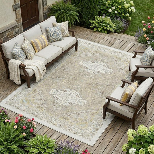 8x10 Ivory Beige Oriental Polyester Area Rug Stain Resistant Indoor Outdoor Use