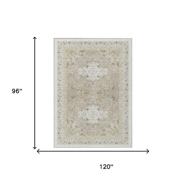 8x10 Ivory Beige Oriental Polyester Area Rug Stain Resistant Indoor Outdoor Use
