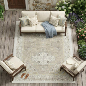 9 X 12 Ivory Beige Oriental Polyester Area Rug Washable for Indoor Outdoor Use