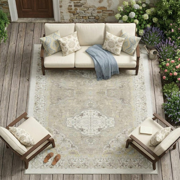 9 X 12 Ivory Beige Oriental Polyester Area Rug Washable for Indoor Outdoor Use