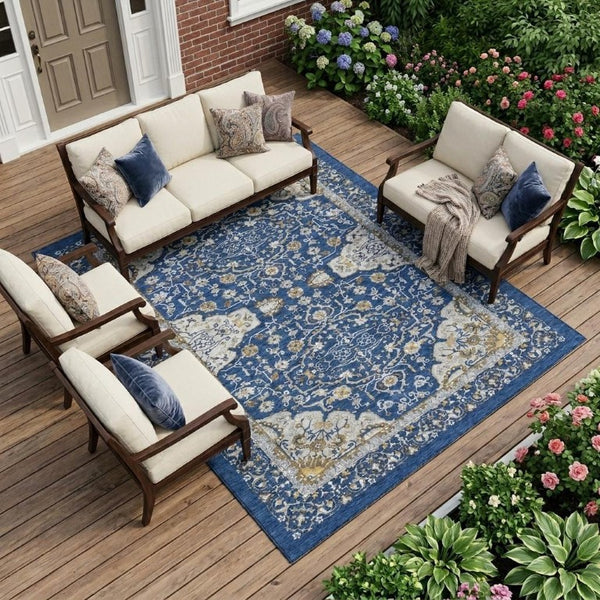 8 X 10 Navy Oriental Polyester Area Rug Washable for Indoor Outdoor Living
