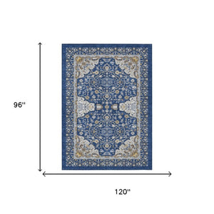 8 X 10 Navy Oriental Polyester Area Rug Washable for Indoor Outdoor Living