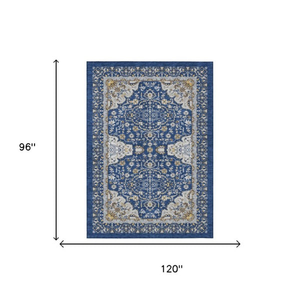 8 X 10 Navy Oriental Polyester Area Rug Washable for Indoor Outdoor Living